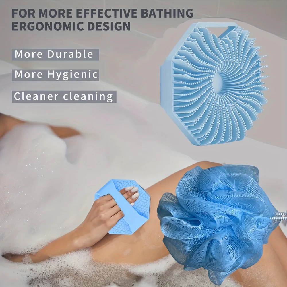 (4 Pieces)  Combination Package - Antibacterial Silicone Body Scrub And Bathroom Mesh Bag Foam Ball Set, Exfoliating Body Scrub, Suitable for Sensitive Light Beige, Bath Scrub, Suitable for Body Silicone Bath Brush