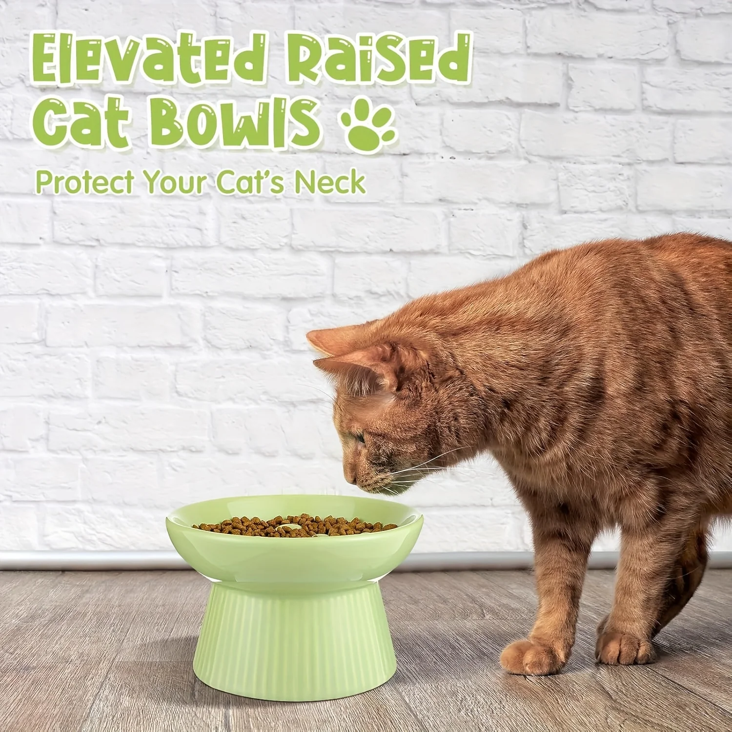 2pcs Ceramic Elevated Slow Feeder Cat Bowls - Heart-Shaped Design, Raised Food & Water Dishes for Cats & Small Dogs, Dishwasher Safe, White & Green Pet Bowls with High Edges to Prevent Spillage, Nontoxic Material, Multipet Households